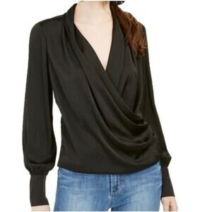 NWT Band of Gypsies Black Satin Balloon Sleeves Wrap Top Size Medium